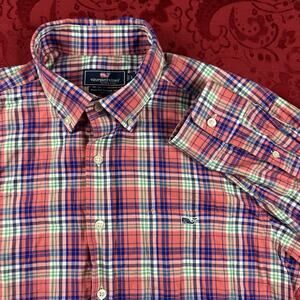 Vineyard Vines Shirt Mens L Pink Blue Plaid Classic Fit Tucker Preppy Casual